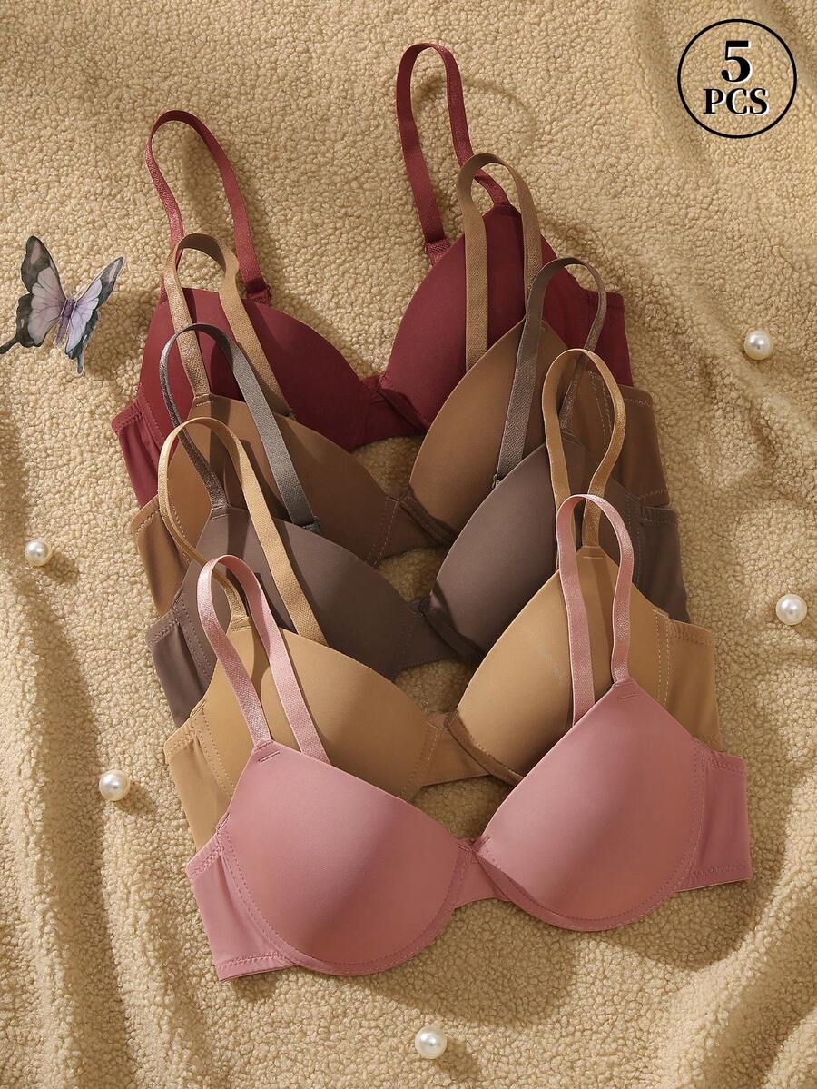 5pcs Women's Minimalist Solid Color Underwire Bras Set - Multicolor - View 1