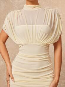 Lumalex 女士优雅荷叶边短袖修身连衣裙，浅黄色，春夏款 - 淡黃色 - 查看 8