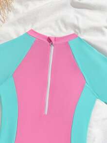 少女撞色拉链露背插肩袖连体泳衣，适合冲浪、运动、夏季、海滩、泳池、度假 - 彩色 - 查看 5