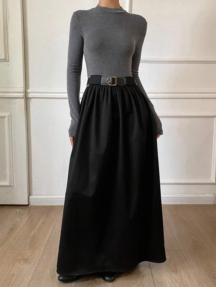 Color Block Patchwork Belted Elegant Formal Long Sleeve Dress For Women, Autumn/Winter Dress