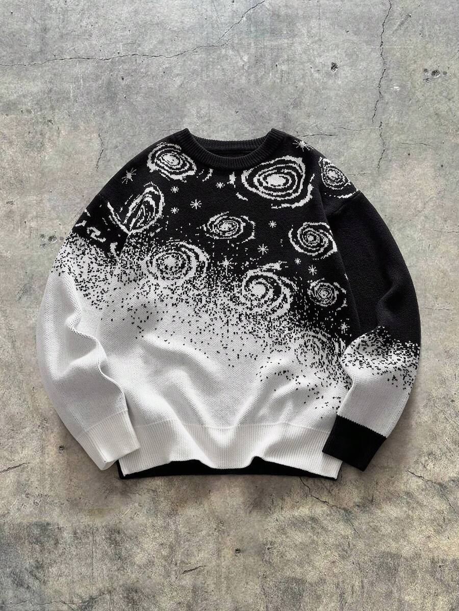 AXEPEAK Men's Casual Swirl Pattern Crew Neck Long Sleeve Sweater, Autumn/Winter - Black - View 1