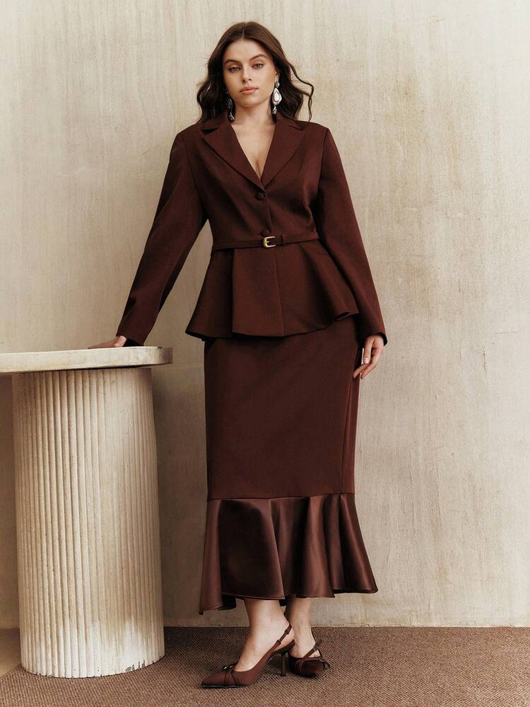 Plus Size Women's Elegant Two Pieces Set: Cinched Waist Blazer Jacket + Skirt, Suitable For Commuting, Winter, New Year, Fall, Winter, New Year, Party, Wedding, Elegant, Chic, Stylish, Casual, Christmas, Formal, Business Casual