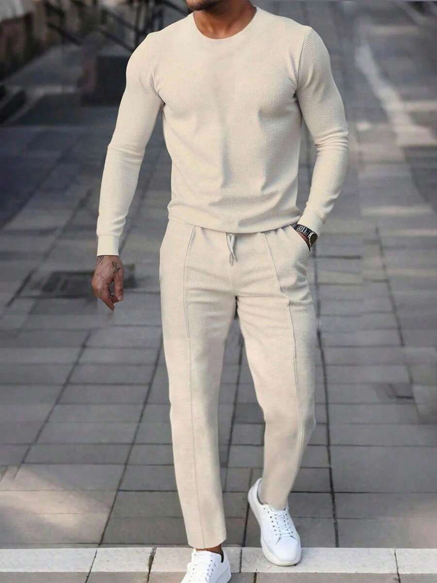 Manfinity Homme A117 Men's Casual Solid Color Beige Long Sleeve T-Shirt Set Casual Two Piece Set Men Cream Outfit Men Men 2 Piece Sweatsuit Mens 2 Piece Outfits White Men Joggers Suit - Beige - View 1