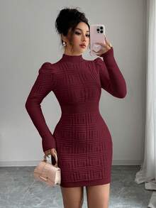 Elenzga Vestido de suéter de mujer con cuello alto, elegante, de Body ceñido, con textura acanalada y cintura ribeteada - Burdeos - Ver 3