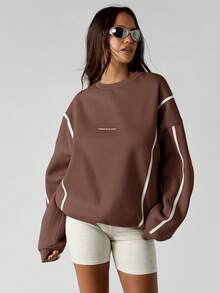 MISSGUIDED 女士秋冬舒适宽松圆领卫衣，白色条纹撞色包边设计。 - 咖啡棕 - 查看 3
