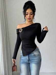Selianne 新款秋冬斜肩长袖T恤，女士款，腰部金属扣收腰，褶皱不对称下摆针织上衣 - 黑色 - 查看 7