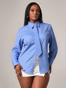 SHEIN SXY Áo sơ mi dài tay họa tiết sọc cổ nơ cỡ lớn dành cho nữ, thích hợp mặc khi đi làm, đi chơi, đi làm, cổ điển, tiệc tùng, đi nghỉ, ngoài trời - Màu xanh lam - Xem 6