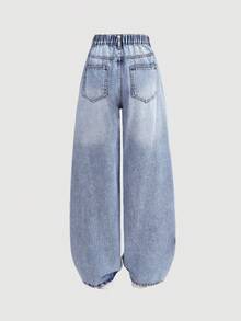 Girlism Jeans in denim blu con vestibilità morbida e decorazione a cuore sfilacciata, adatti per ragazze adolescenti - Blu lavato scuro - Visualizzare 2