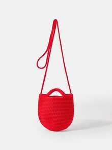We Bare Bears X SHEIN Women's Casual Large Capacity Christmas Cute Cartoon Bear Pattern Knitted Shoulder Bag With Letter Pendant - Red - View 8