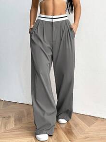 SHEIN EZwear Plus Size Summer Color Block Pocket Casual Wide Leg Pant Graduation,Back To School,Teacher In Fall/Winter - Grey - View 8