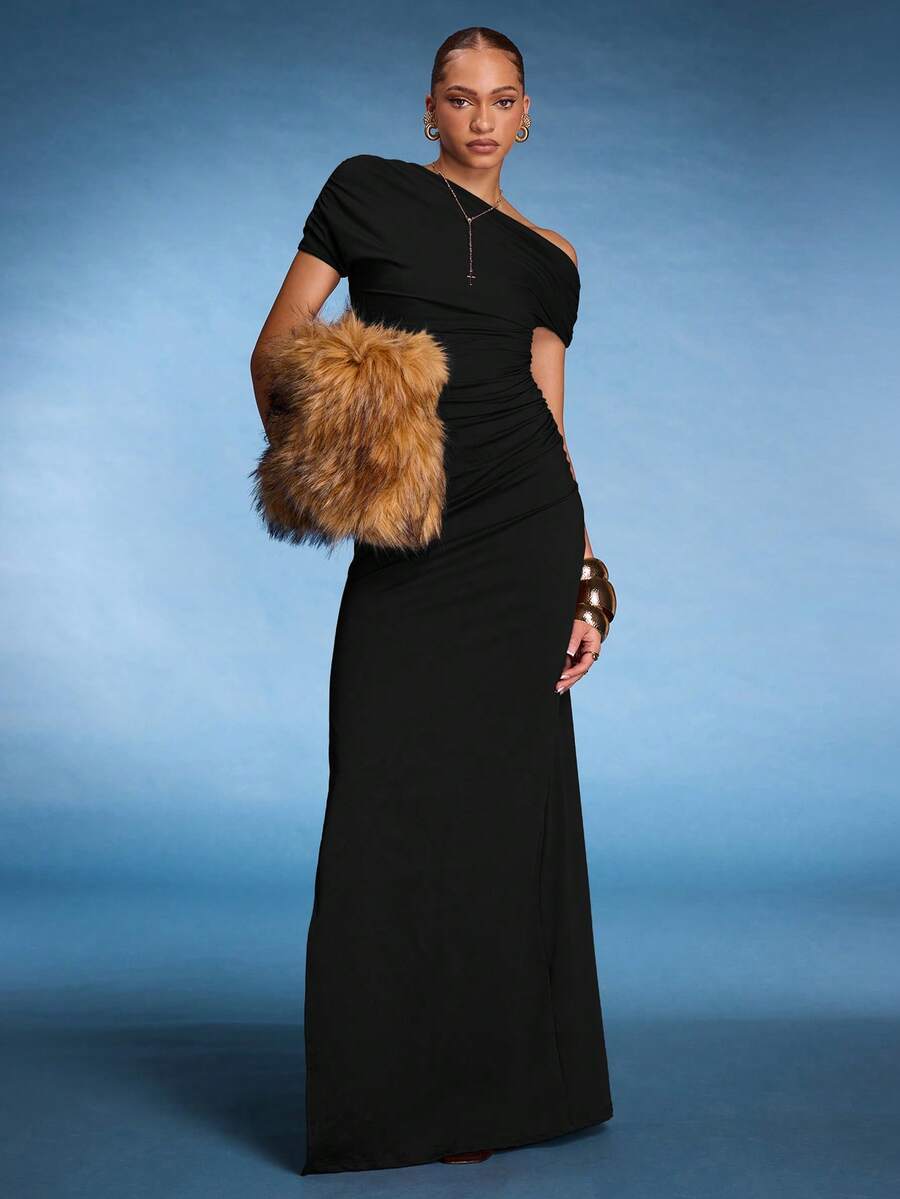 Normani Vestido maxi asimétrico con hombro fruncido y abertura lateral, elegante para vacaciones, playa, festivales, bodas, citas, Navidad, Halloween, otoño e invierno