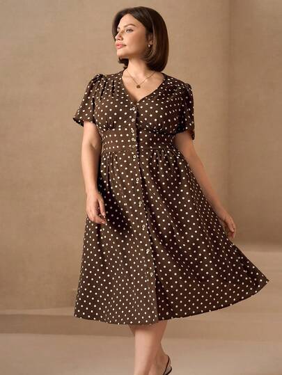 Chikora 大码女士优雅亚麻棉V领休闲办公连衣裙