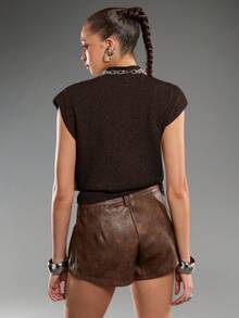 Elegant High Neck Loose Casual Versatile Sleeveless Knit Sweater Vest,Brown Sweater In Fall/Winter - Coffee Brown - View 2