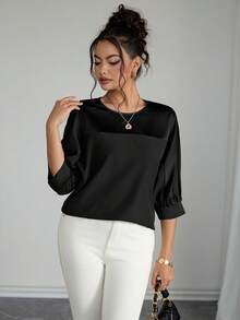 Rafferiza Women's Casual Loose Patchwork Mid-Sleeve Black Shirt, Suitable For All Seasons - Black - View 4