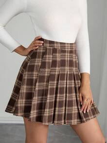 Rafferiza Chân váy chữ A xếp ly kẻ caro thanh lịch dành cho nữ, Thu/Đông - Cà phê nâu - Xem 3
