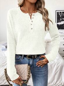 EMERY ROSE 女士新款纯色毛衣，半拉链纽扣针织套头衫，冬季 - 白色 - 查看 6