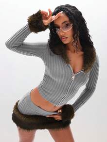 BABYPHAT Ribbed Knit Zip Up Cardigan With Luxurious Faux Fur Hood And Cuff Trim Winter Cozy Sweater - Grey - View 5