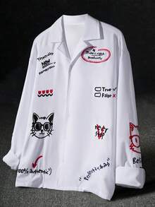 Manfinity EMRG 男士秋季时尚卡通猫咪字母刺绣长袖衬衫，图案纽扣卡通猫日式衬衫 - 白色 - 查看 3