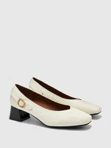 CUCCOO BIZCHIC 2025 夏季新款复古方头低跟编织网眼玛丽珍鞋女鞋，时尚镂空绑带透气闭头粗跟浅口鞋 - 黑與白 - 查看 3