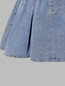 SHEIN ChillGRL 2pcs/Set Tween Girls Summer White Loose Short Sleeve Star Print Top & Pleated Denim Skirt Outfit - Multicolor - View 6