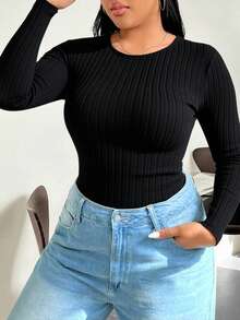 SHEIN EZwear 休闲加大码黑色针织高领紧身保暖连体衣，适合秋冬季节穿着，黑色长袖连体衣，女士性感连体衣，性感女装，女士连体衣 - 黑色 - 查看 4