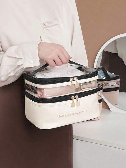 透明双层化妆包，大容量PU防水洗漱收纳包，旅行日常两用，便携式化妆箱