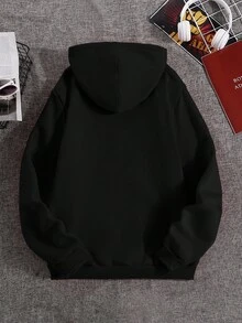 SHEIN 大童黑色长袖连帽衫，休闲时尚创意简约卡通火柴棒图案字母印花套头衫 - 黑色 - 查看 2