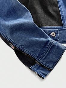 ROMWE MEN Street Life Herren Herbst Kontrast Farbe Langarm Einreiher Lässig Denim Jacke mit Tasche - Blau - Übersicht 7
