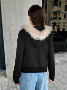 SHEIN Tall Women's Casual Retro Fitted Hooded Jacket With Fur Collar, Suitable For Spring/Summer And Autumn/Winter - Black - View 2
