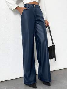 EURMUSE Gold Button Detailed Straight Fit Leather Pants - Navy Blue - View 5