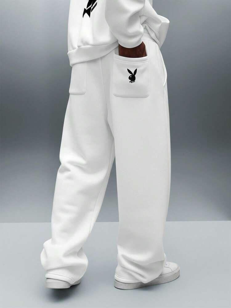 PLAYBOY X SUMWON Oversized Wide Leg Joggers With Drawstring Waist And Side Pockets For Relaxed Fit Casual Loungewear