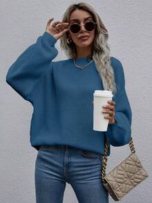 SHEIN LUNE Suéter de manga larga minimalista de unicolor y casual para mujer - Azul - Ver 3