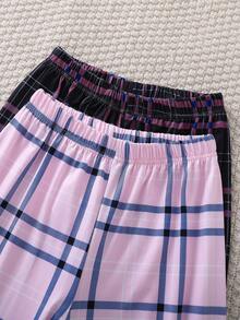 SHEIN 4pcs Girls Letter Print Long Sleeve Top + Plaid Pants Casual Homewear Set Soft Pajamas Set Tween Girls Pajamas-Pajama Set Pink And Gray Letter Print Round Neck Long Sleeve Top With Plaid Pants Cozy Loungewear Four Season Sleepwear 2026 New Year Essential - Multicolor - View 6