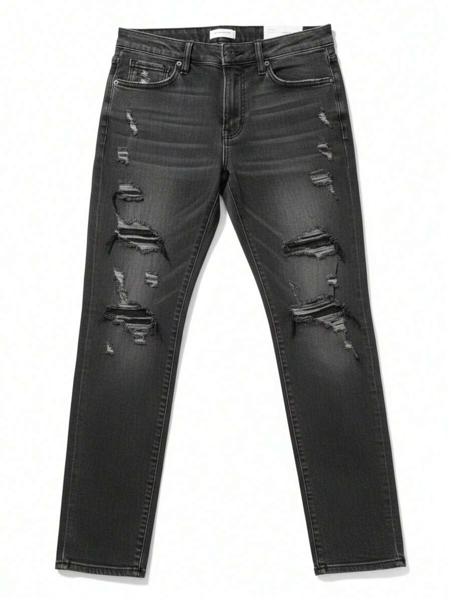 Jeans Caballero Slim Straight Alta Calidad Tela Suave Elástico Ajuste Cómodo Duradero Moda Casual Denim Resistente Corte Moderno Estilo Versátil Para Uso Diario - Gris Oscuro - Ver 1