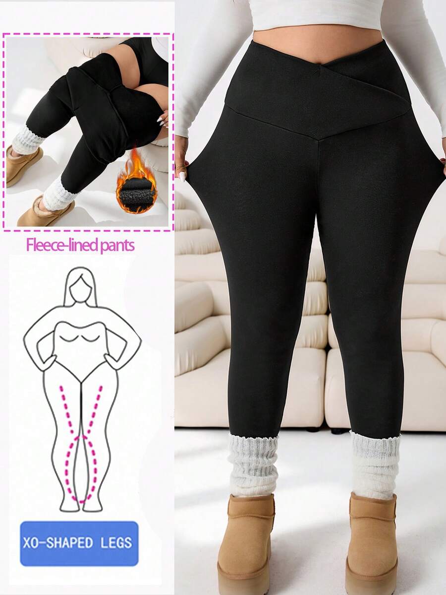 Solflare Plus Size Casual Solid Color Slim Fit Pants/Winter - Black - View 1