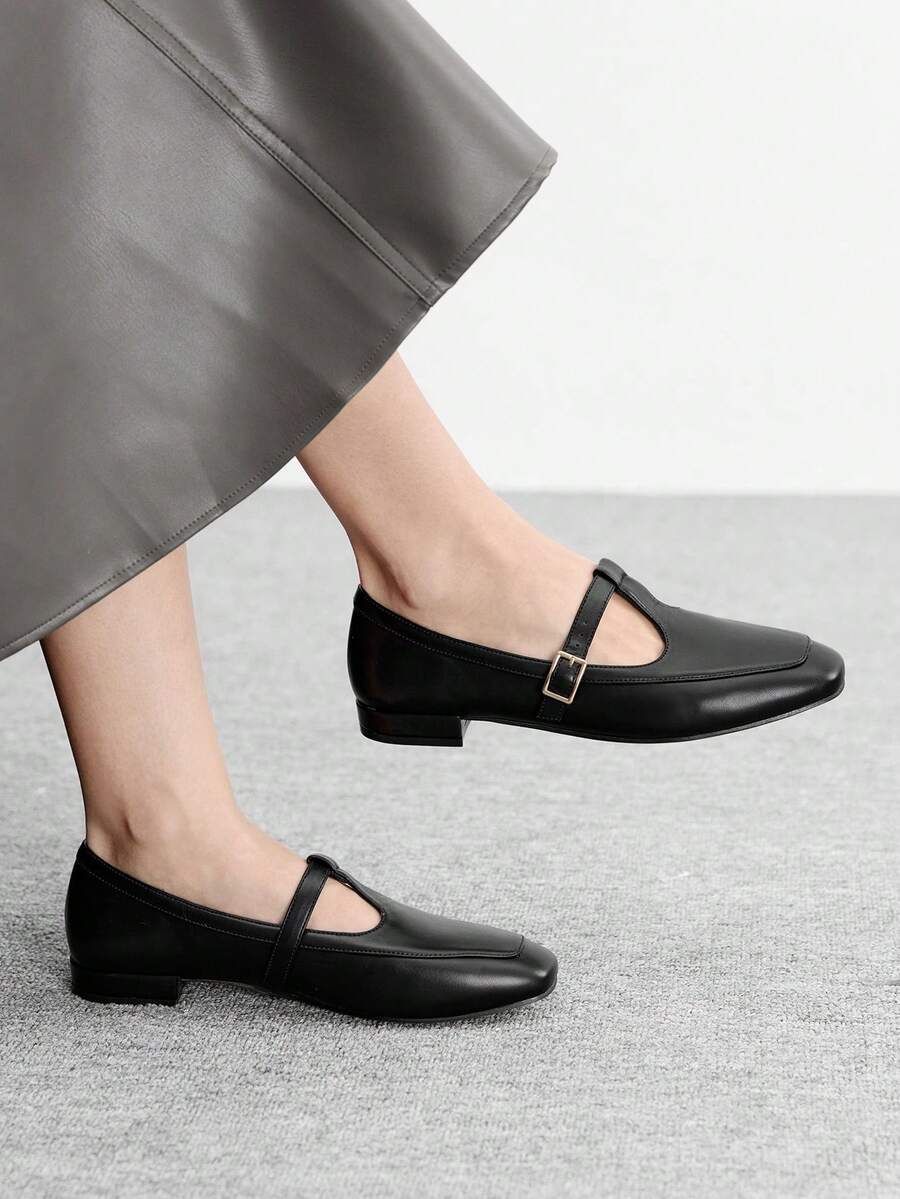 CUCCOO BIZCHIC 女式方头平底低跟新款黑色舒适百搭一脚蹬乐福鞋，黑色休闲平底鞋，轻便通勤 - 黑色 - 查看 1