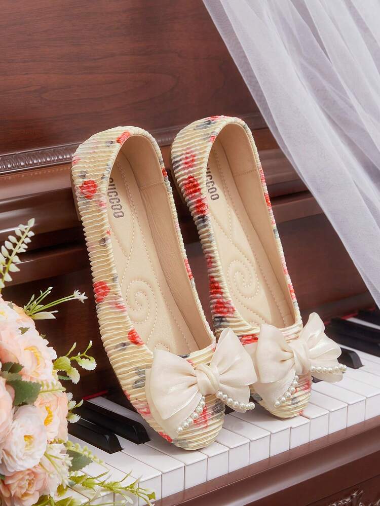 CUCCOO HITCHD Women's Bow Decor Floral Pattern Versatile Flat Loafers Valentine's Day
