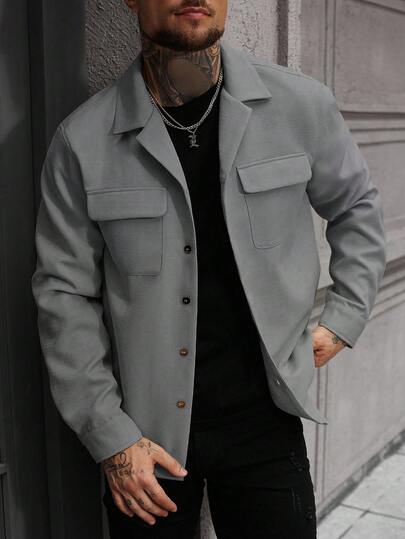 Manfinity CasualCool Men's Casual Fashion Street Simple Solid Color Flap Pocket Shacket, Autumn Men Overshirt Men Street Wear Shirt Men Shacket Grey Jacket Grey Button Up Men