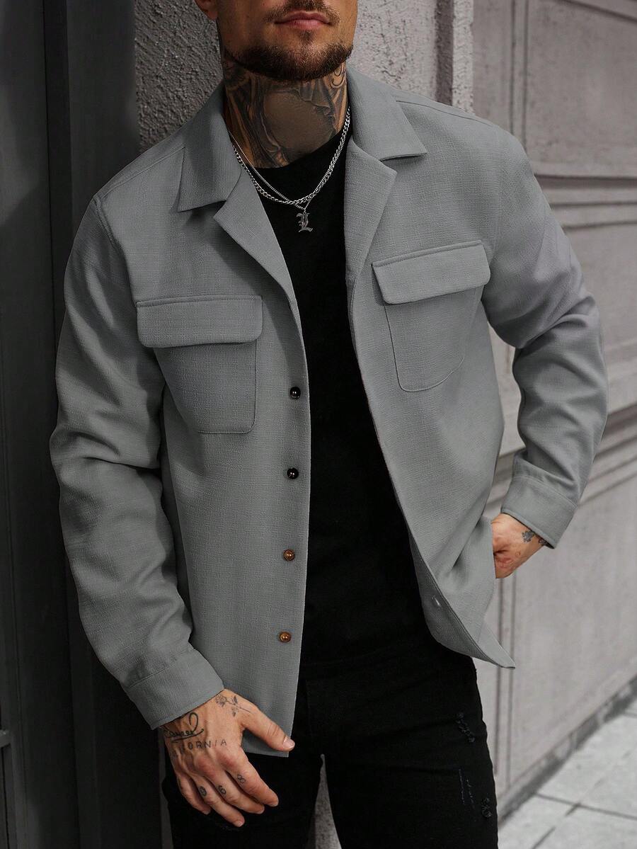 Manfinity Homme 男士休闲时尚街头简约纯色翻盖口袋衬衫外套,秋季款 - 灰色 - 查看 1