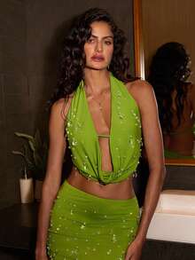 Opulessa Women's Halter Neck Beaded Cropped Halter Top,Lime Green,Summer,70's,Club Night,Party Disco,Chic Elegant Sequin Tank Top For Wedding Guest Party - Green - View 6
