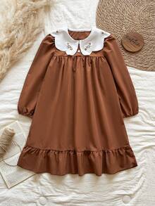 Vintaside Kids 1pc Girls' Ruffled Collar Embroidered Half-Placket Loose Fit Vintage Midi Dress, Apricot Color, Long Sleeve, Casual/Commute, Princess Style - Brown - View 3