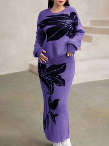 Modelyn Women's Floral Jacquard Drop Shoulder Long Sleeve Sweater And Knit Midi Skirt 2-Piece Set, Fashionable For Autumn/Winter - Purple - View 1