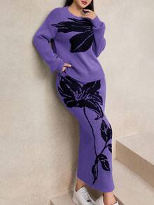 Modelyn Women's Floral Jacquard Drop Shoulder Long Sleeve Sweater And Knit Midi Skirt 2-Piece Set, Fashionable For Autumn/Winter - Purple - View 4