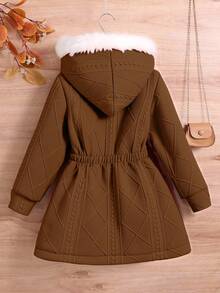SHEIN 少女休闲百搭多功能保暖毛领中长连帽针织外套，适合上学和日常穿着，秋冬季 - 棕色 - 查看 2