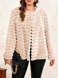 Chikora Giacca lunga con maniche in finta pelliccia e bottoni, tinta unita, adatta per l'autunno/inverno, taglie comode