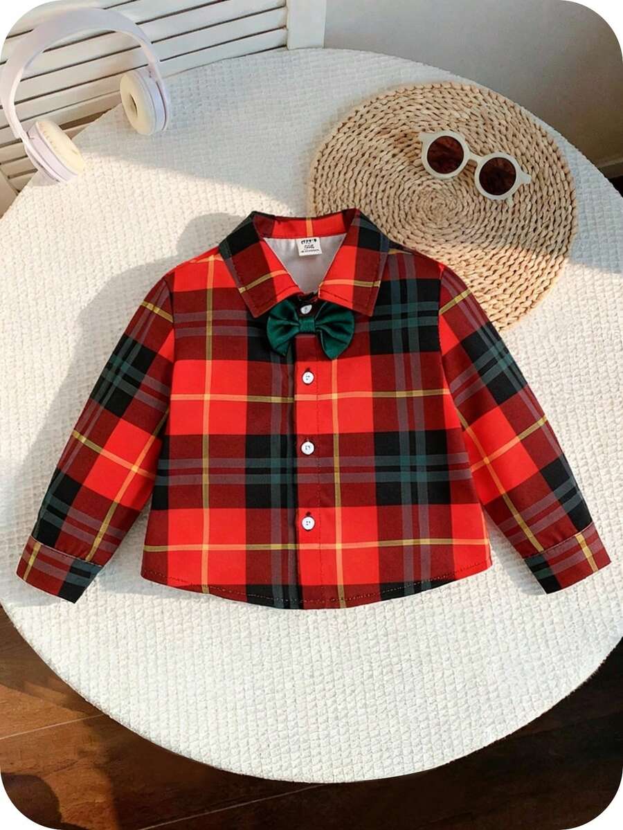 SHEIN 男婴红绿格子衬衫，休闲外出度假穿着，适合秋冬季节。 - 彩色 - 查看 1