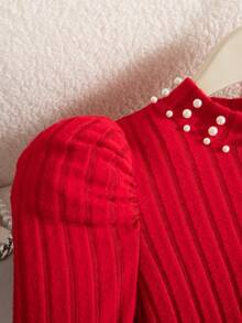 Glamorique Kids 1件装 女童秋冬新款高领泡泡袖串珠设计腰带蝴蝶结串珠星月网纱下摆优雅红色罗纹面料派对生日通勤薄纱公主裙 - 紅色 - 查看 5