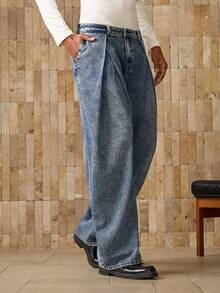 AKNOTIC Pantalones casuales rectos y sueltos tejidos para hombres, uso diario de moda - Azul lavado oscuro - Ver 4