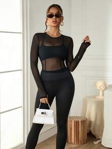 SHEIN Sports Conjunto de yoga casual y versátil de 3 piezas en negro: Camiseta de manga larga con almohadillas extraíbles, pantalones ajustados, ajuste slim - Negro - Ver 3