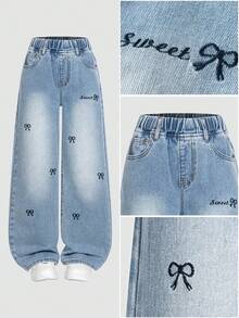 ChillGRL Jeans évasés ample pour jeune fille, nouvelle collection printemps/été, en denim bleu clair avec une ambiance décontractée, détail de broderie en forme de cœur pour une touche, taille élastique pour le confort. Convient pour le campus, la rue, les sorties, les activités de plein air et le port quotidien. Jeans baggy étoilé Y2K, jeans baggy Y2K - Jean bleu - Voir 2